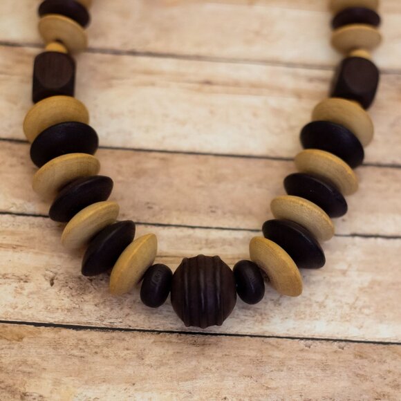 30 inch, Vintage Wooden Beige & Brown Discs Unique Beaded Necklace - XX9 - Picture 1 of 3